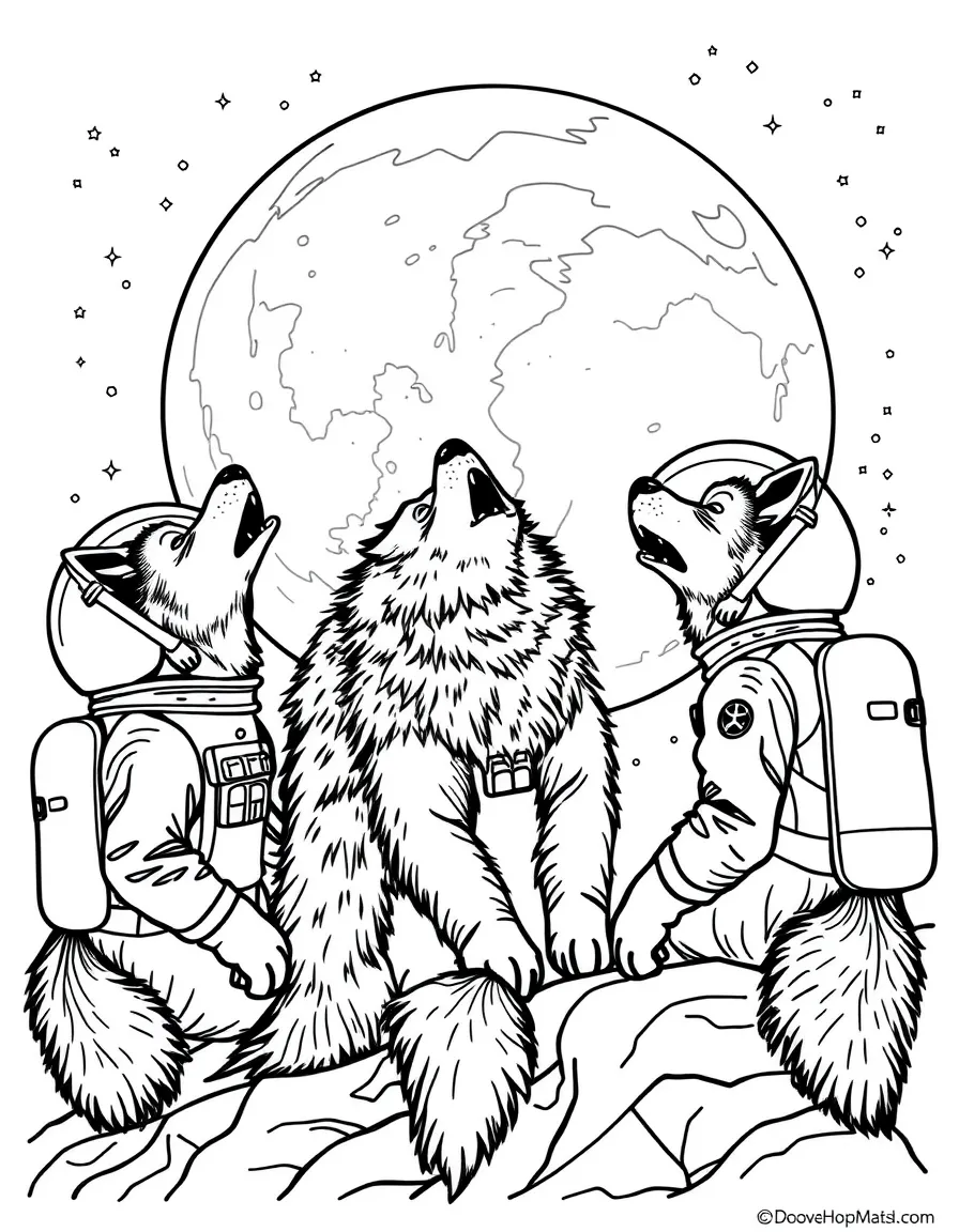 A group of wolf astronauts howling at Earth from the moon