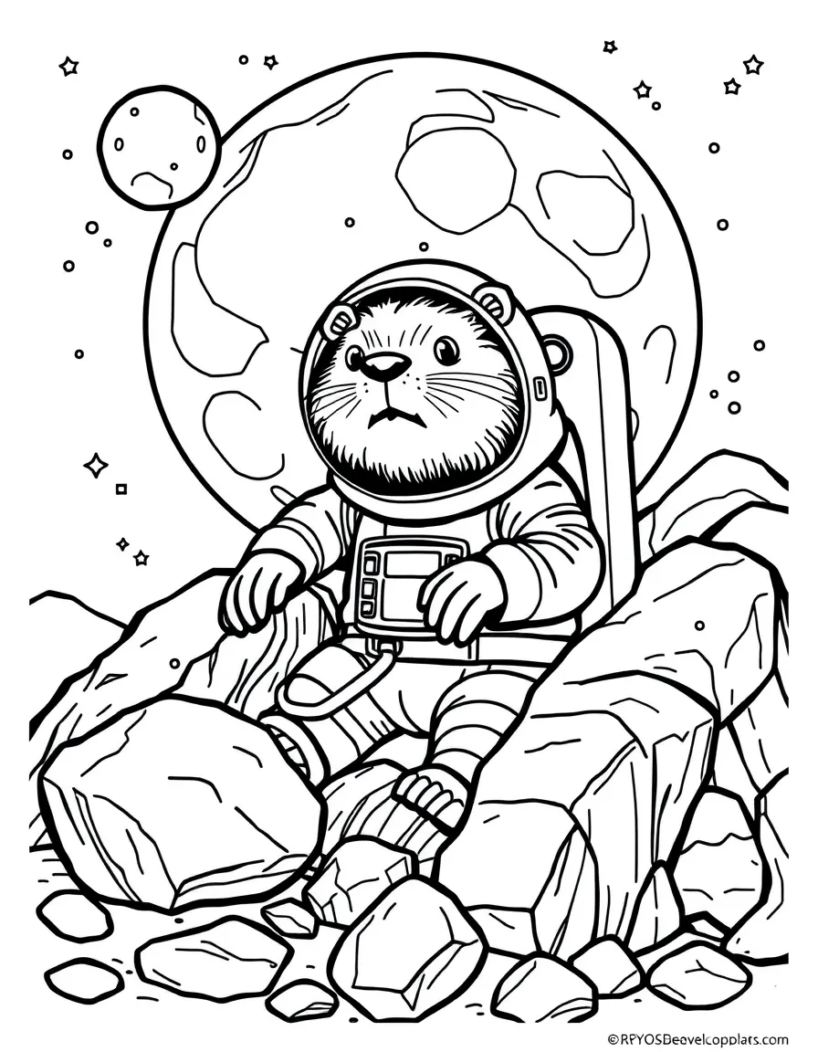 A beaver astronaut building a space dam with moon rocks