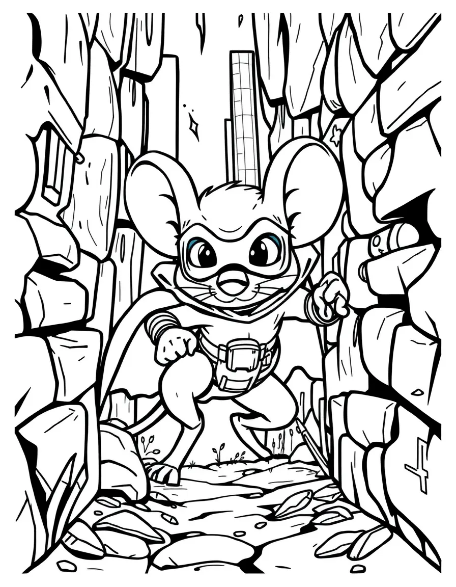 A mouse superhero sneaking through tiny spaces