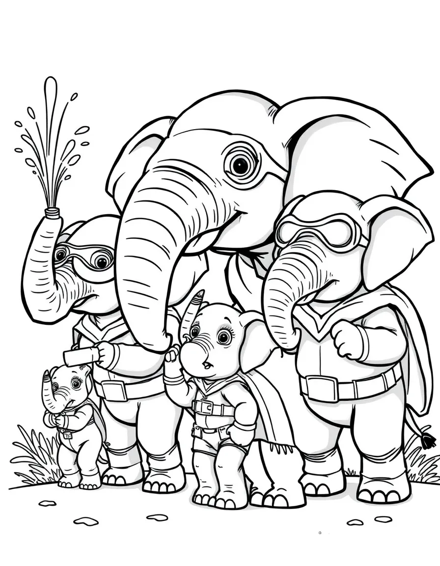 A family of elephant superheroes using their trunks as water cannons