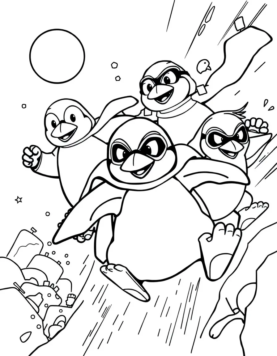 A group of penguin superheroes sliding to the rescue