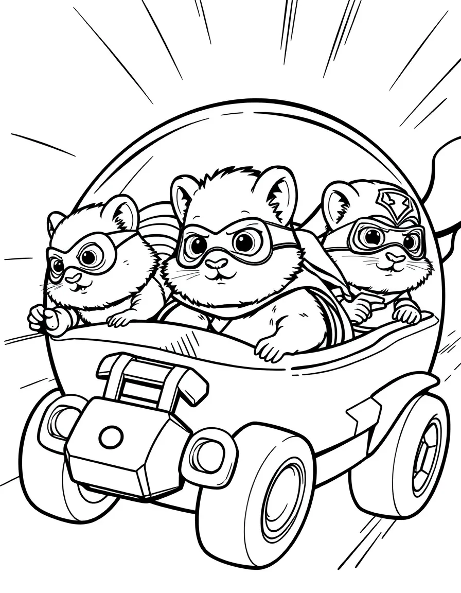 A group of hamster superheroes in rolling ball vehicles