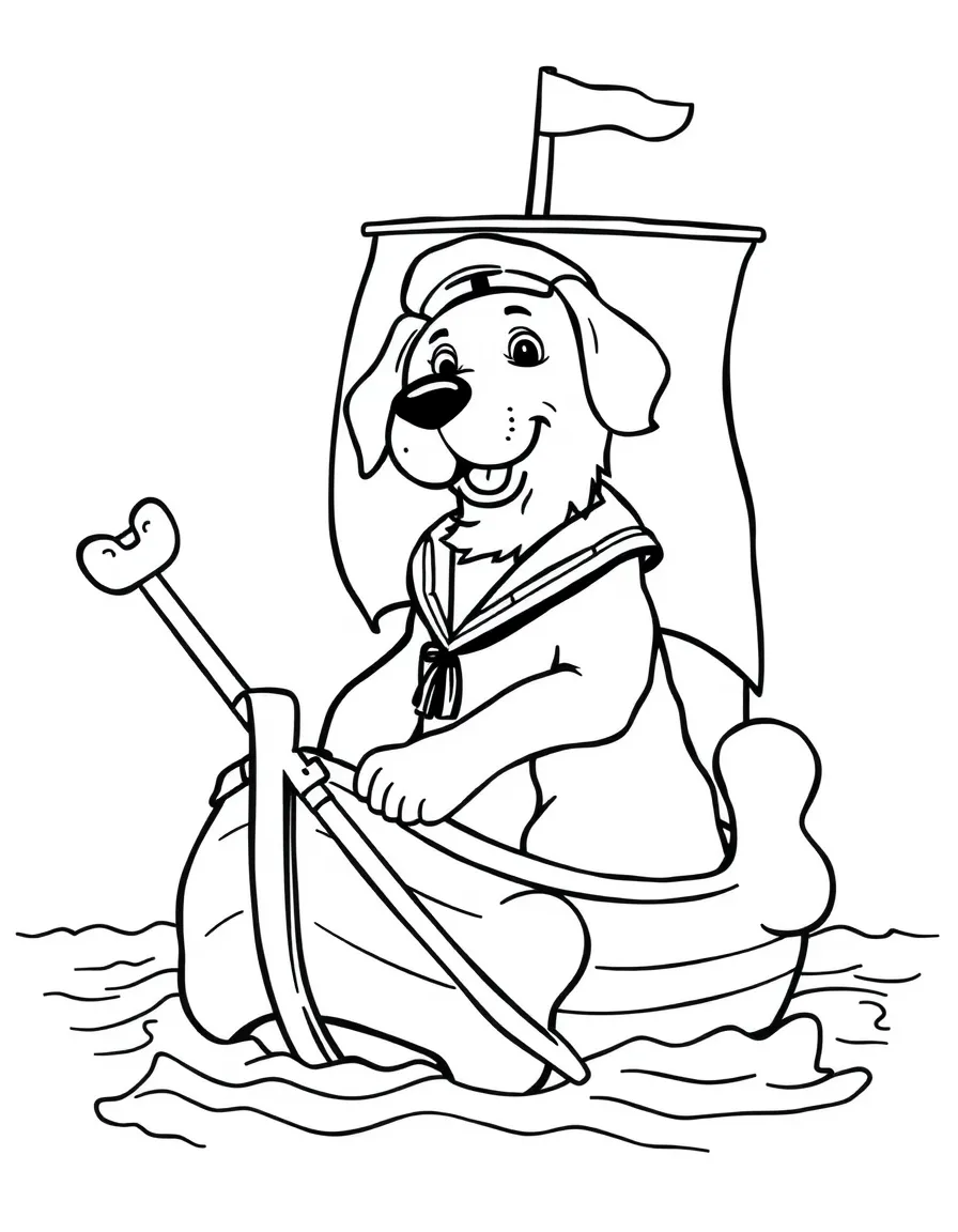 A dog sailor swabbing the deck of a bone-shaped ship