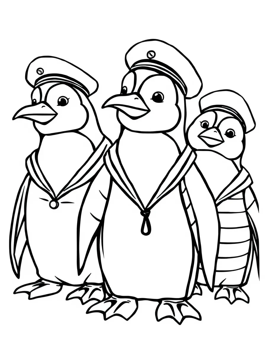 A group of penguin sailors in striped shirts