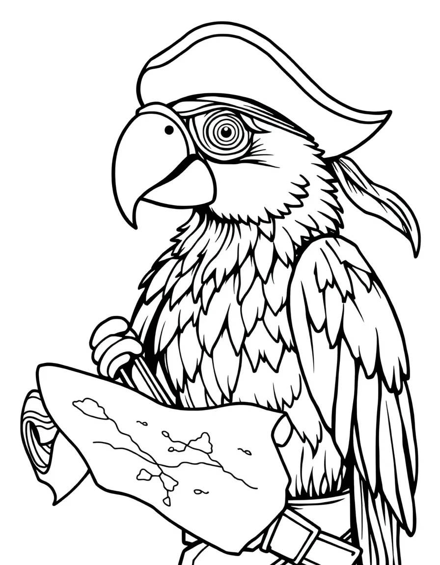 A parrot pirate with an eye patch and treasure map