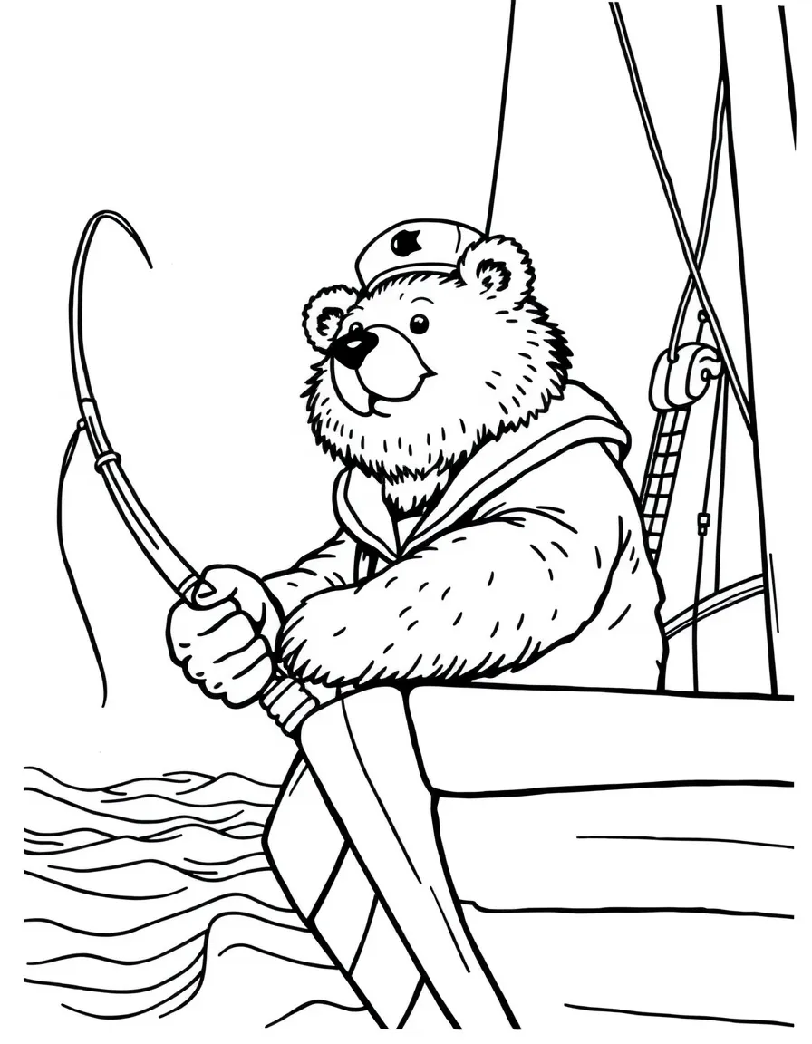 A bear sailor fishing from the bow of a ship