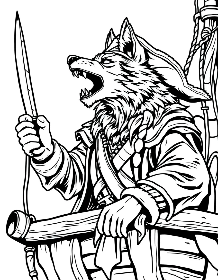 A wolf pirate howling orders from the crow's nest