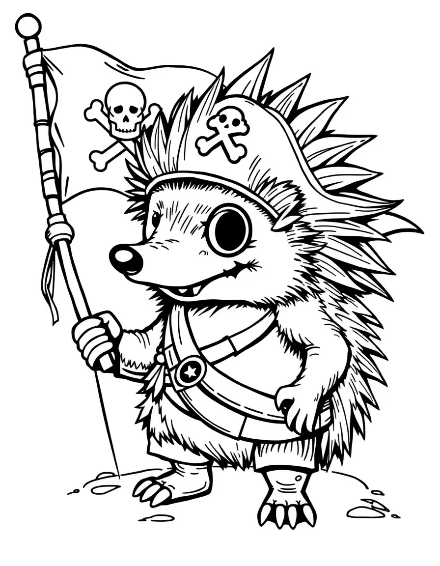 A hedgehog pirate with a spiky jolly roger flag