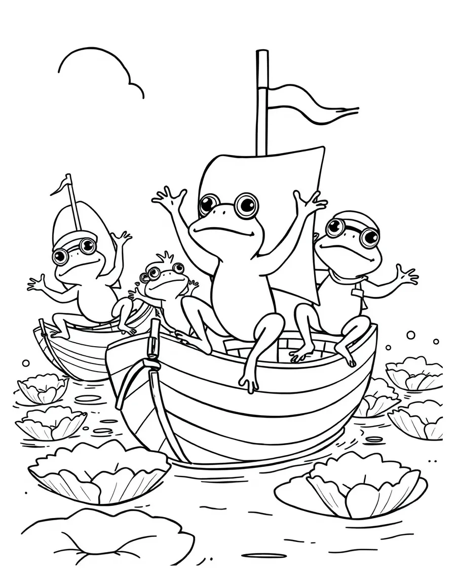 A group of frog sailors jumping between lily pad ships