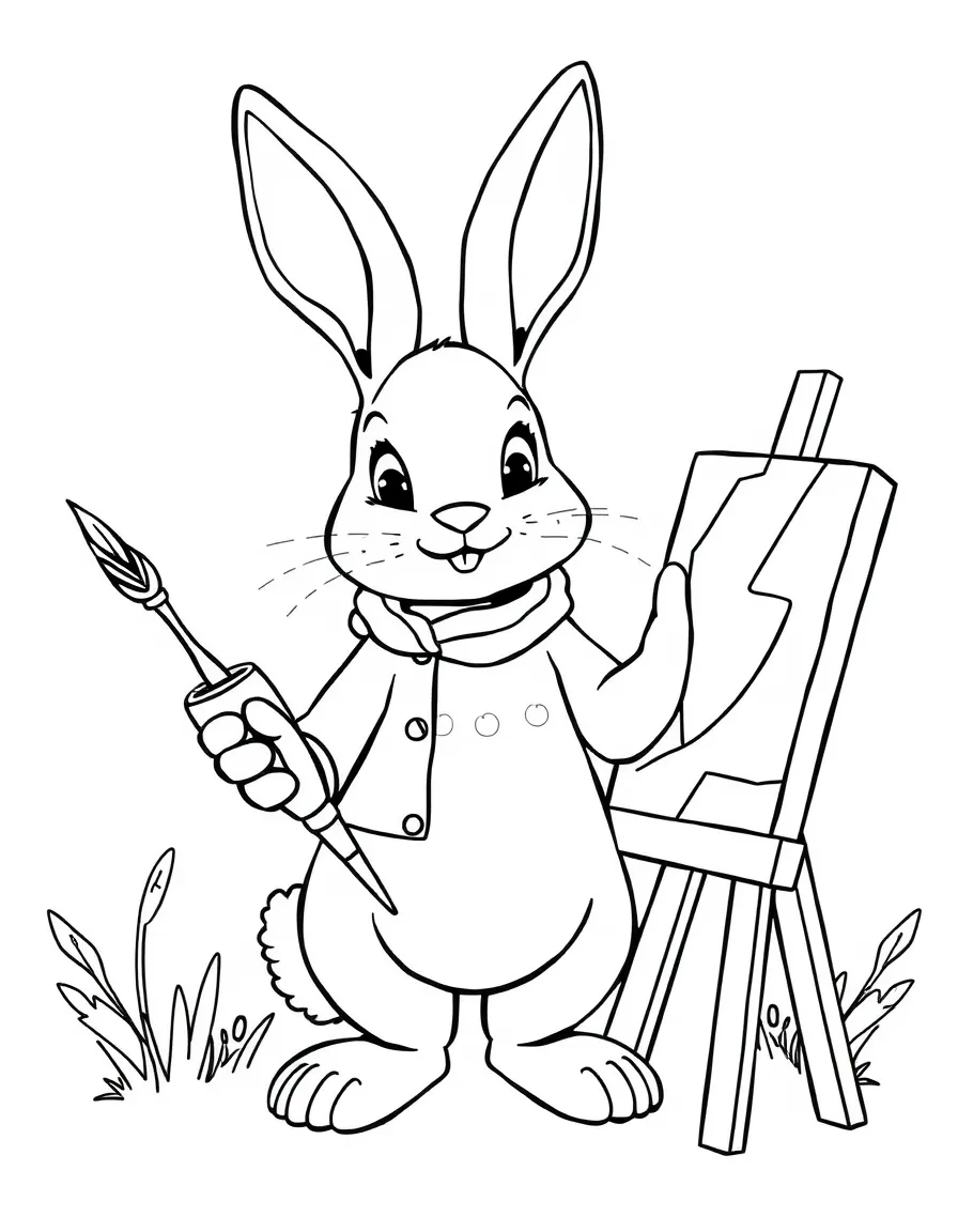 A rabbit painter with a carrot paintbrush and easel