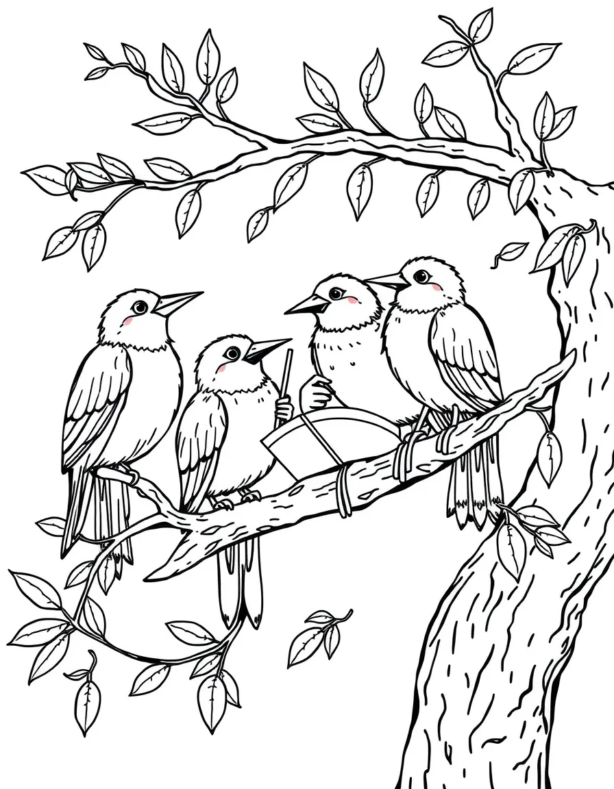A group of bird musicians in a tree branch orchestra