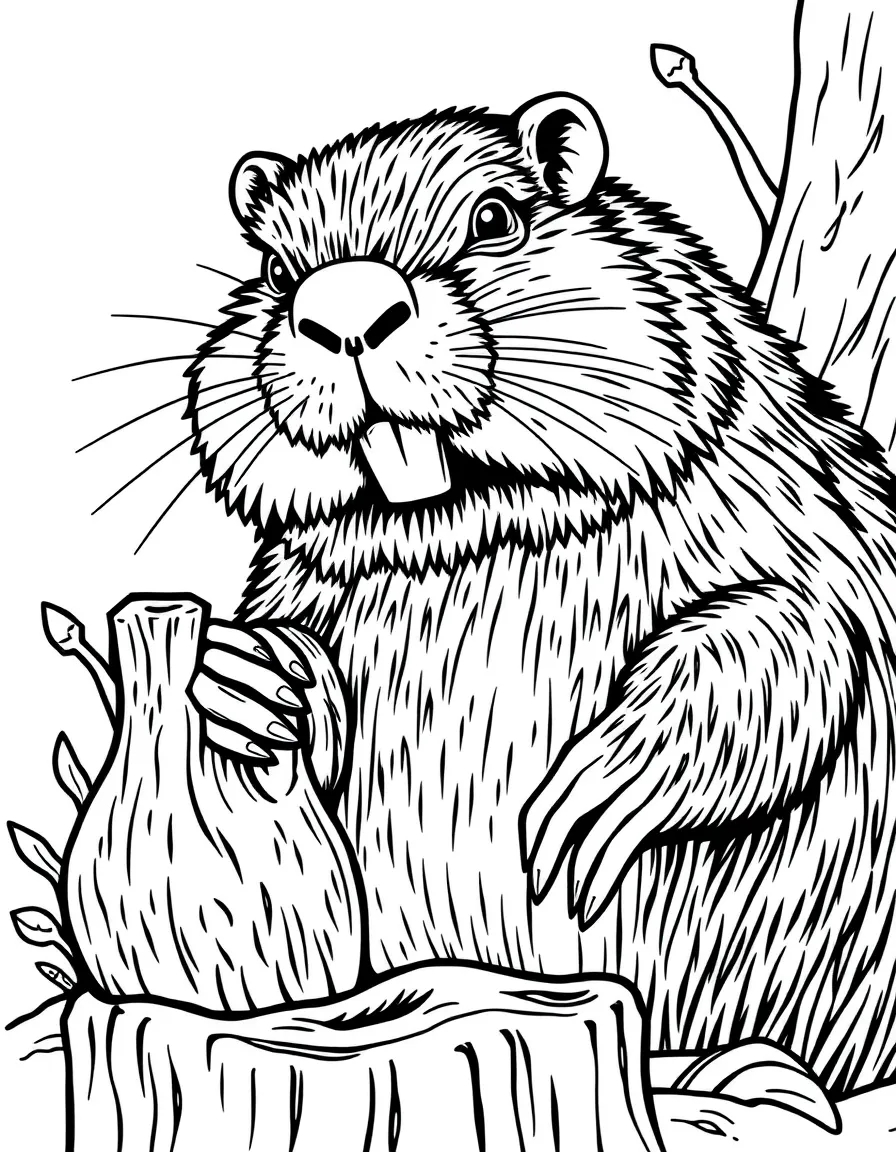 A beaver woodcarver creating sculptures with its teeth