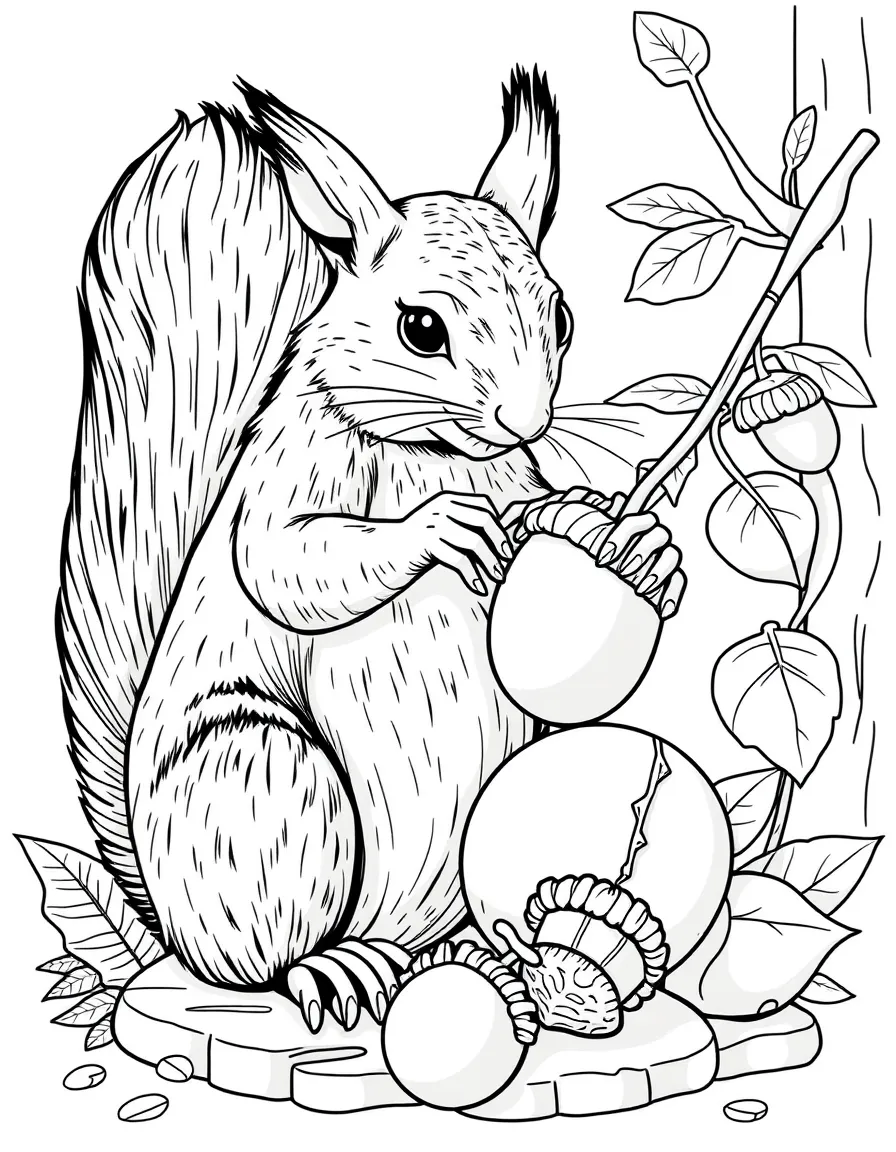 A squirrel sculptor carving acorn statues