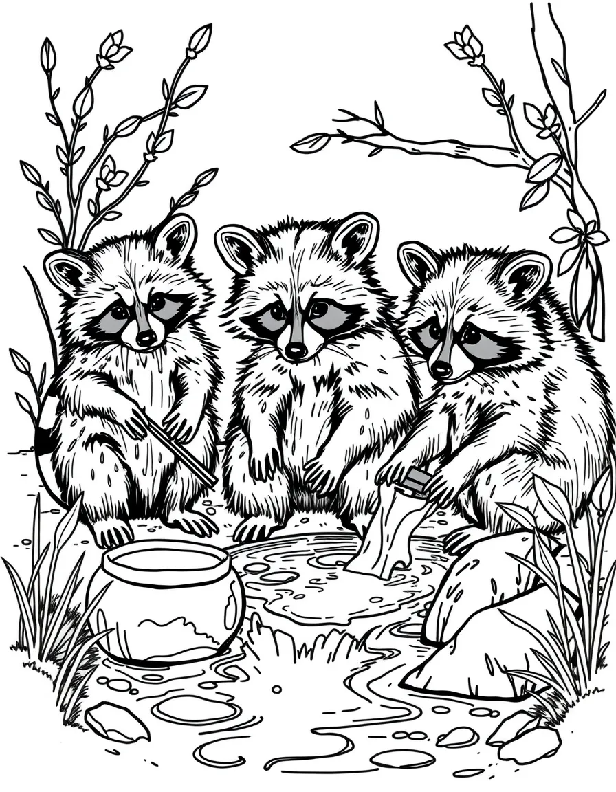 A family of raccoon artists washing colors in a stream