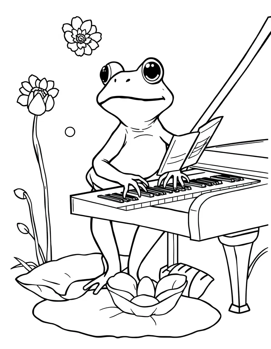 A frog composer on a lily pad piano