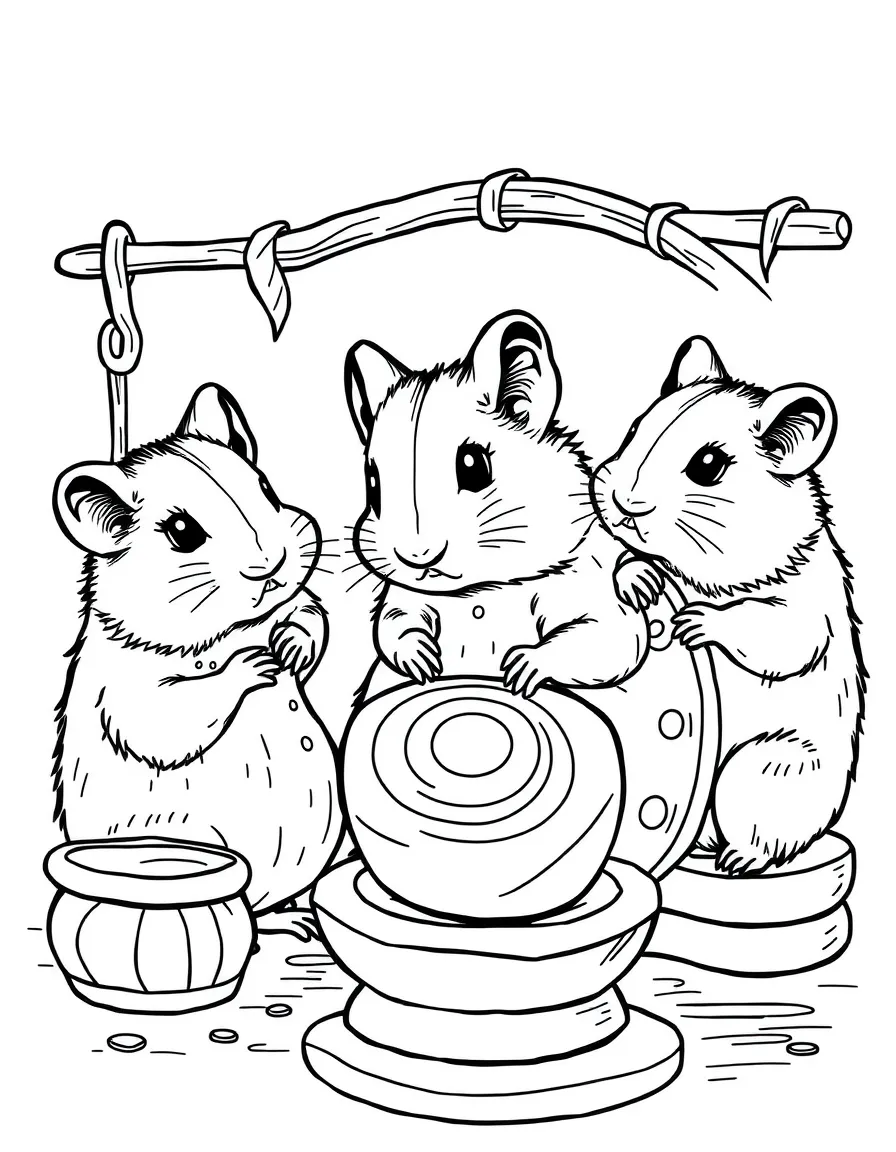 A group of hamster artists spinning wheel pottery