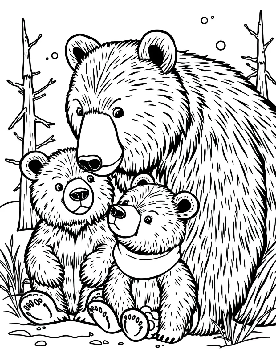 A family of bears preparing for winter hibernation