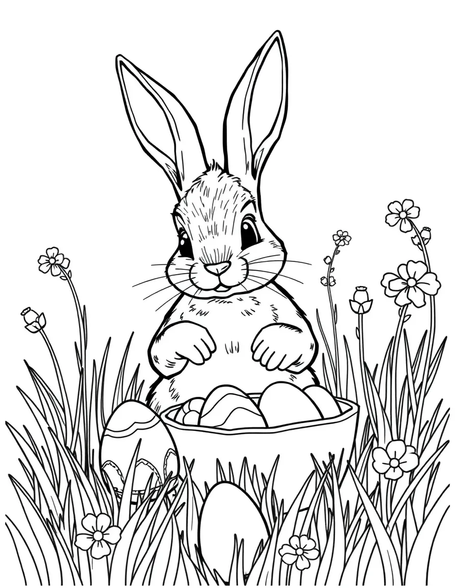 A rabbit dyeing Easter eggs in a spring meadow