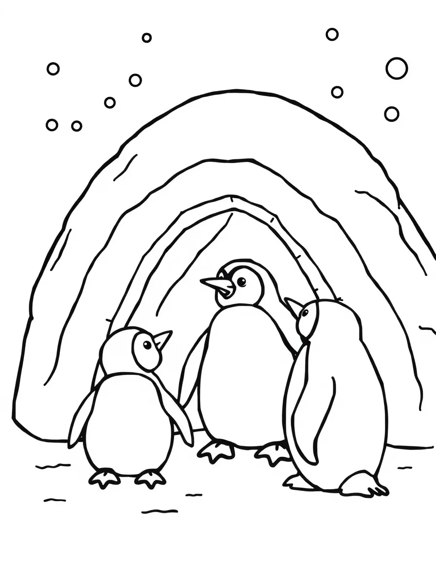 A family of penguins building a winter igloo