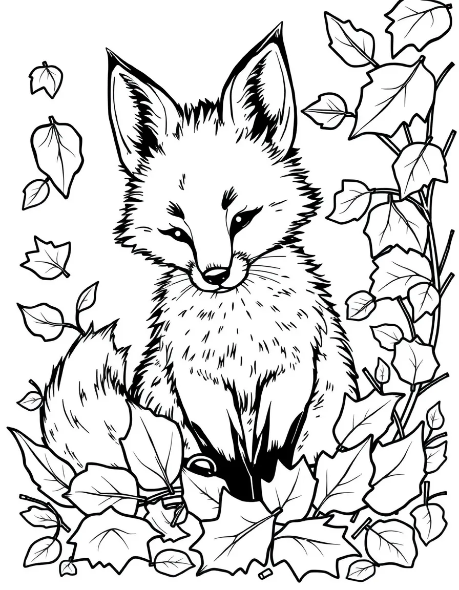 A fox kit playing in autumn leaves