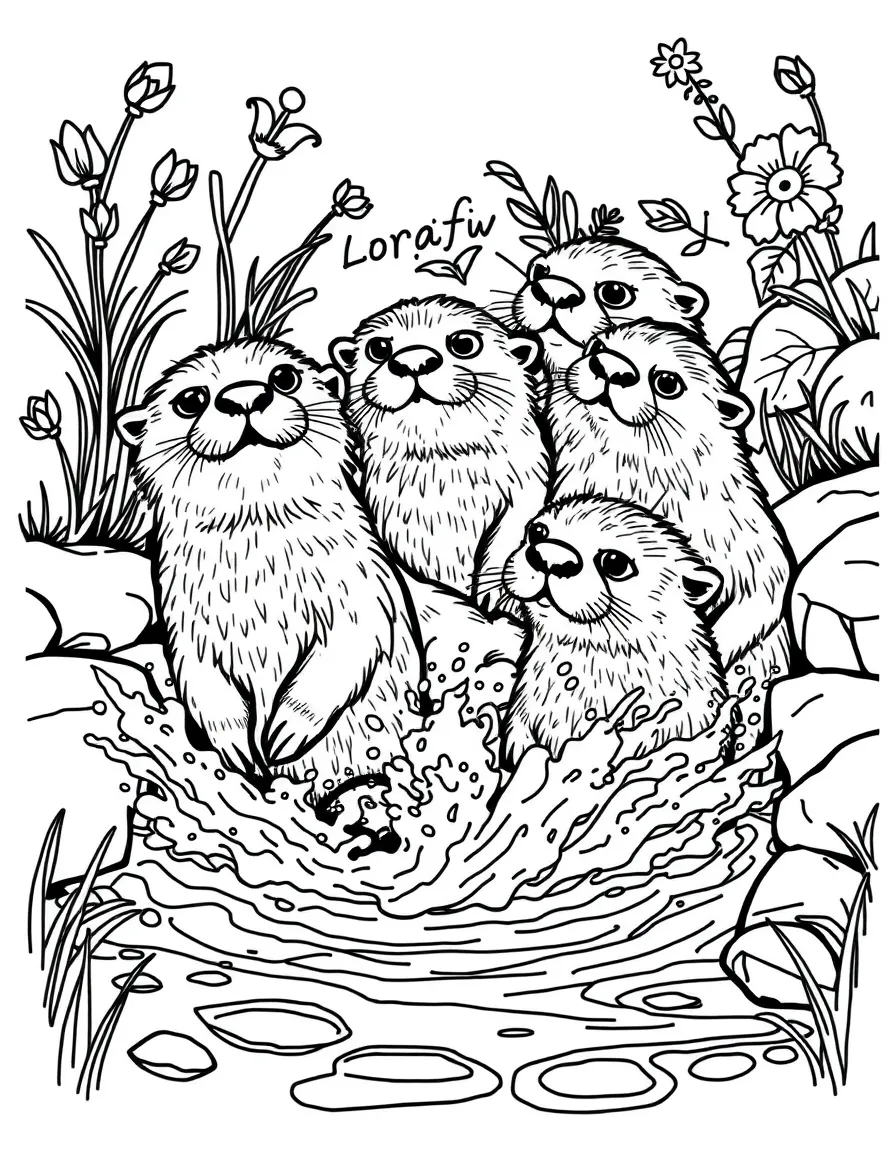 A group of otters splashing in a summer stream