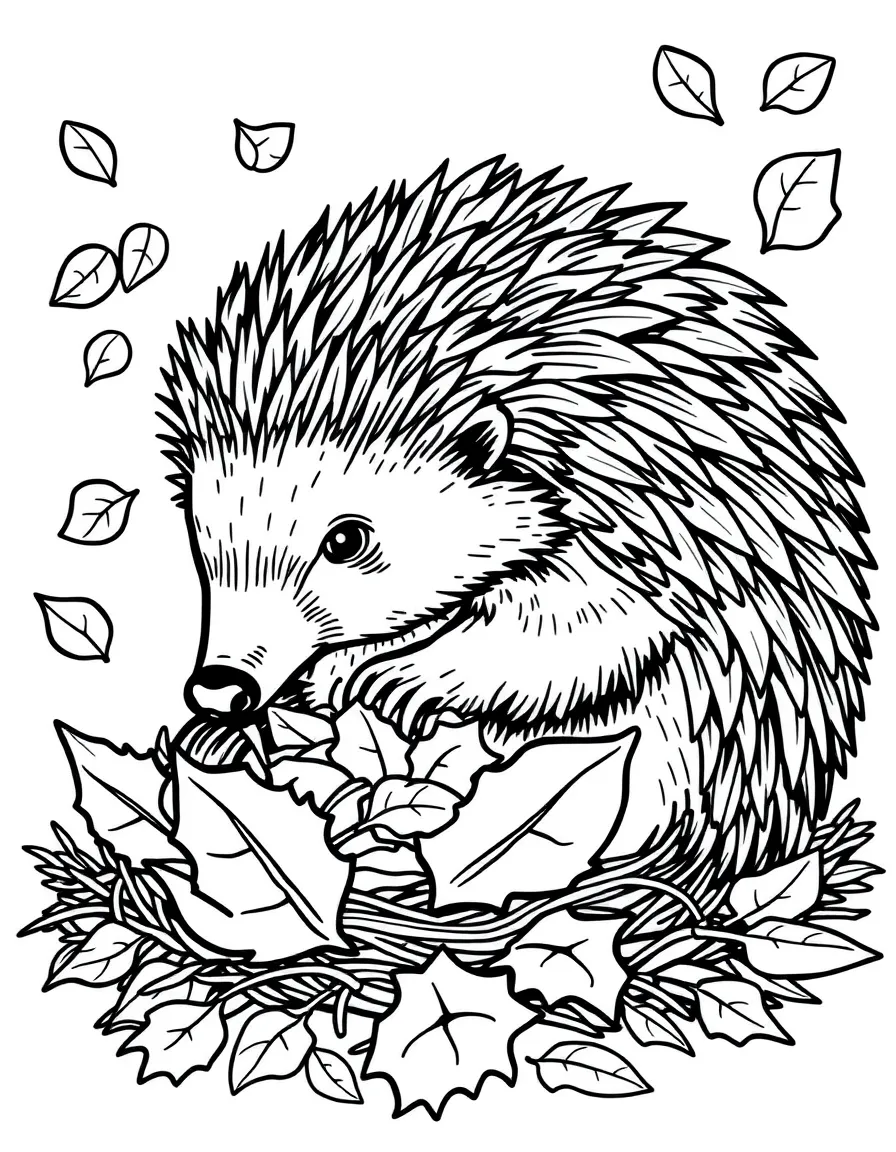 A hedgehog gathering fall leaves for its nest