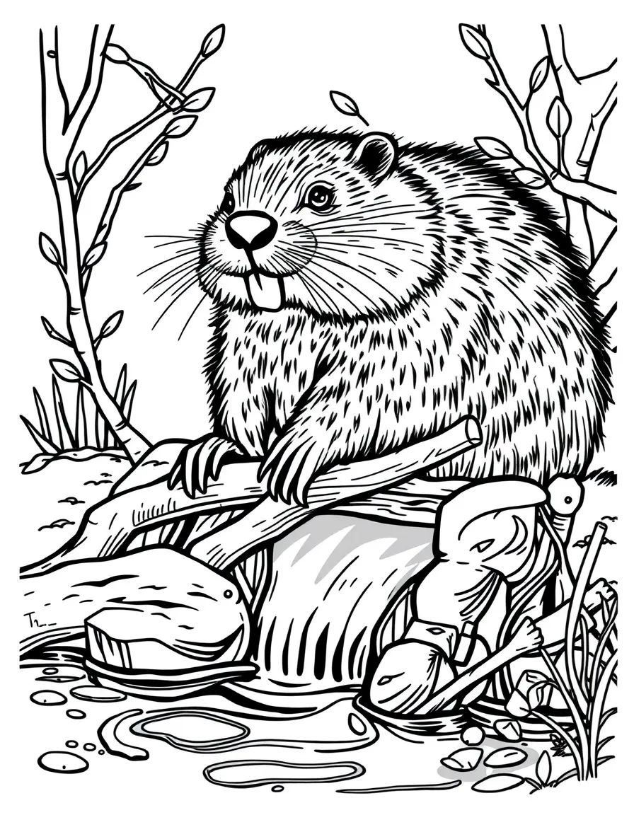 A beaver building a spring dam with fresh branches