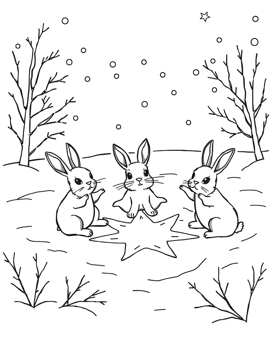 A group of rabbits making snow angels in winter