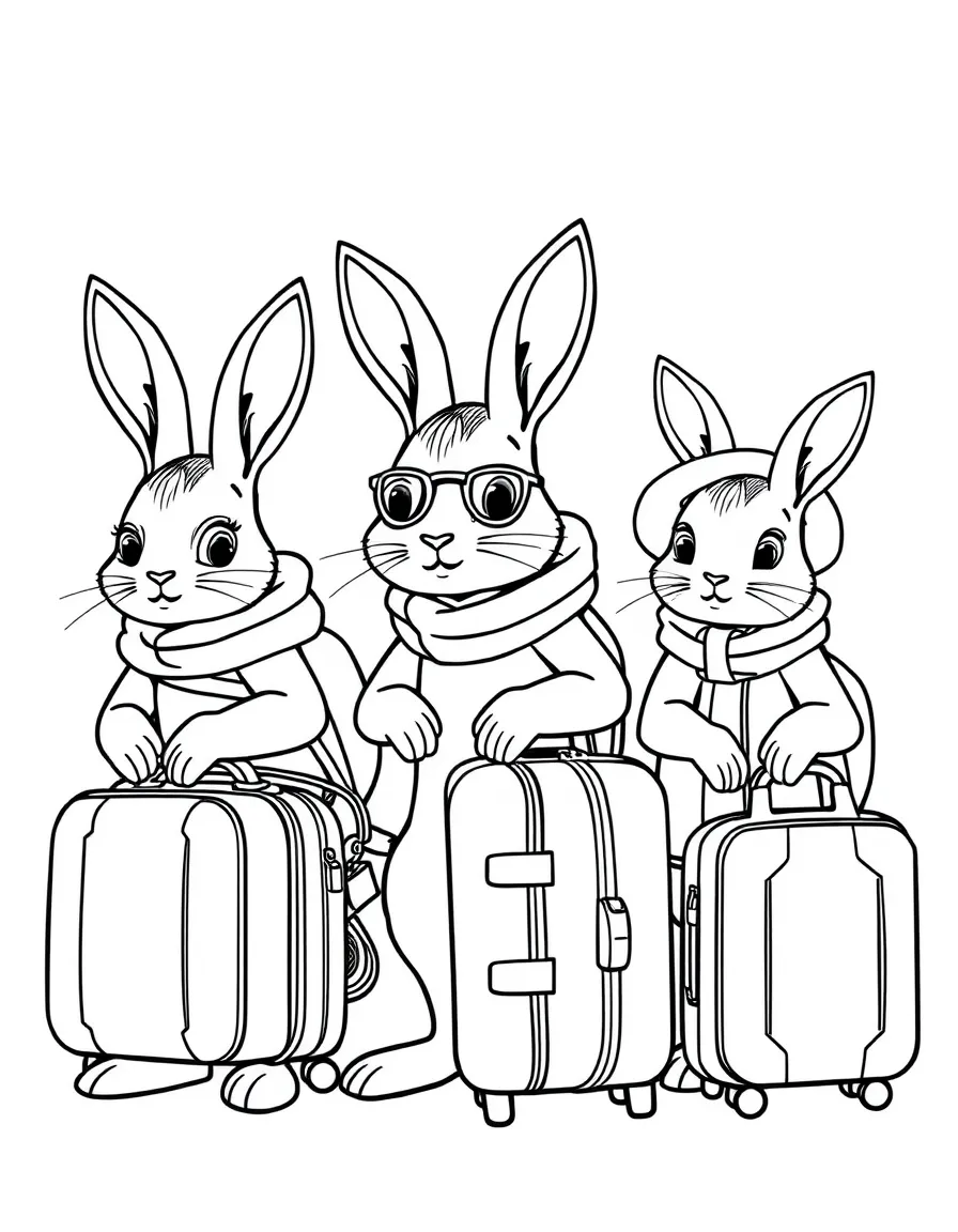 A family of rabbit travelers with matching suitcases