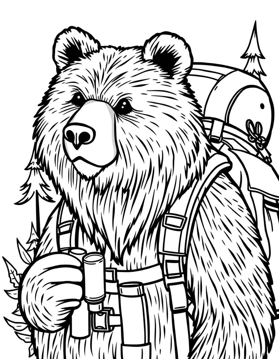 A bear with a hiking backpack and binoculars