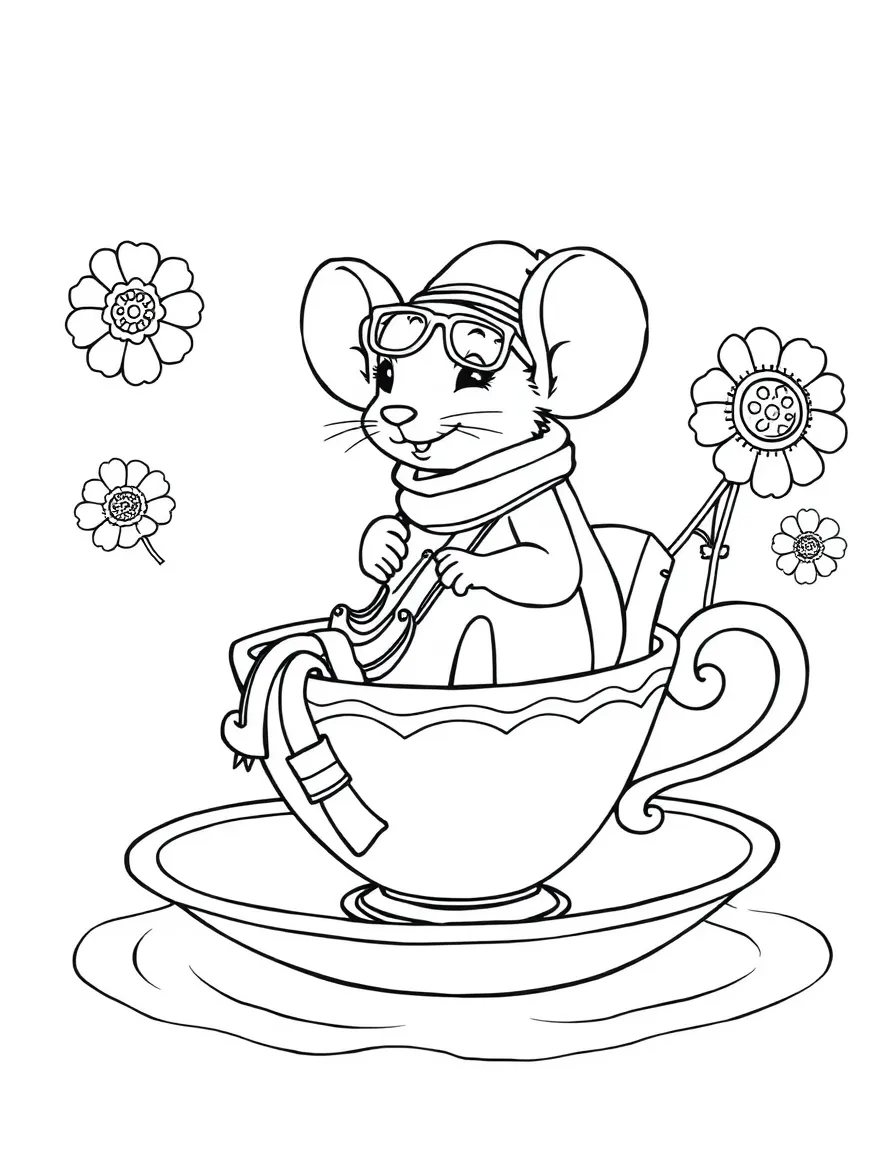 A mouse tourist riding in a teacup boat