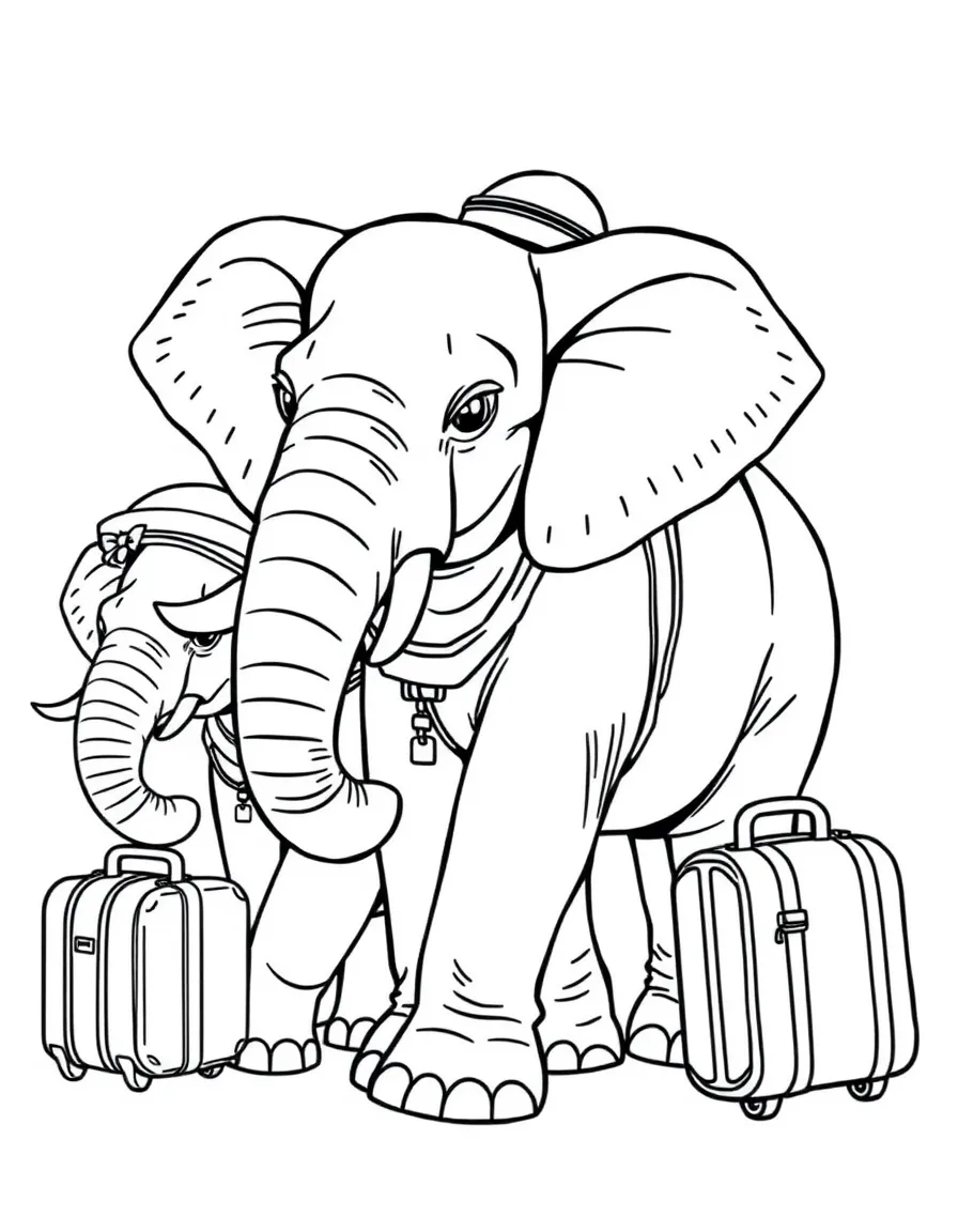 A family of elephant travelers with trunk-held luggage