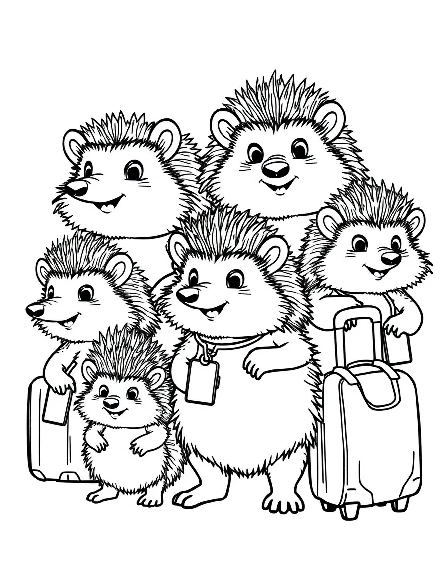 A family of hedgehog travelers with spiky luggage tags