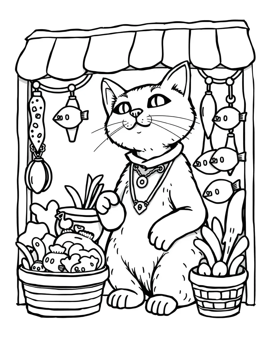 A cat shopkeeper selling fish-shaped trinkets