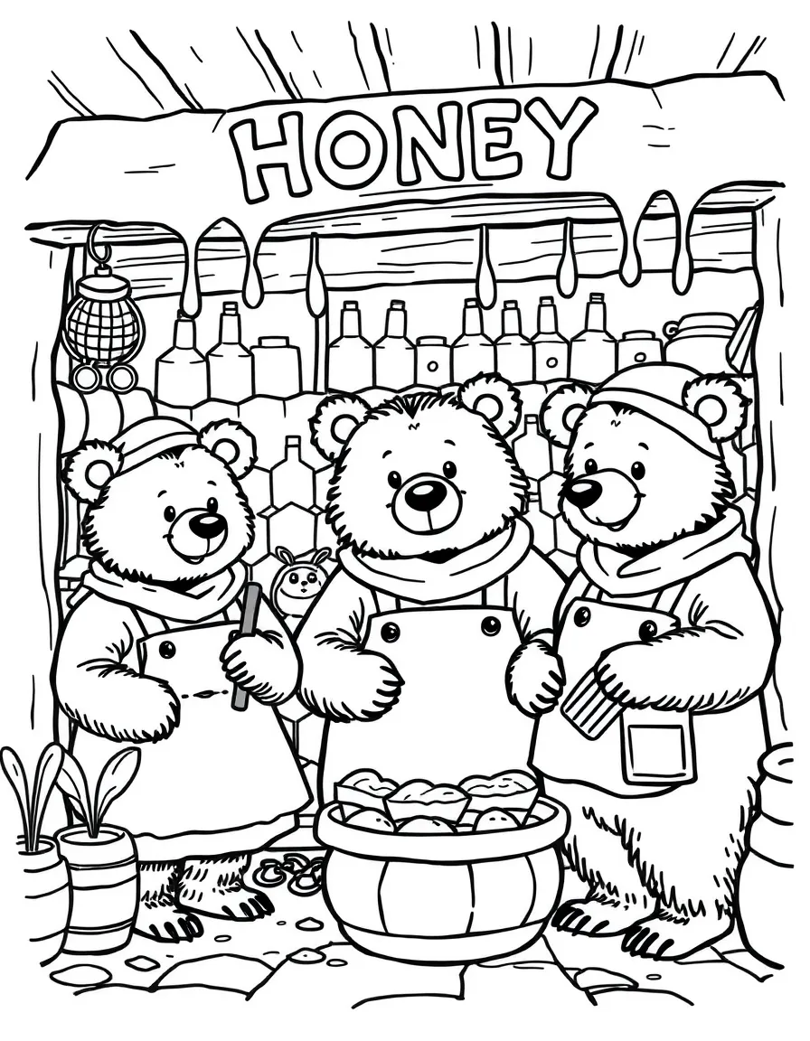A family of bear shopkeepers in a honey store