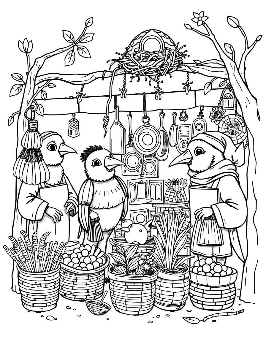 A group of bird shopkeepers selling nest-building supplies