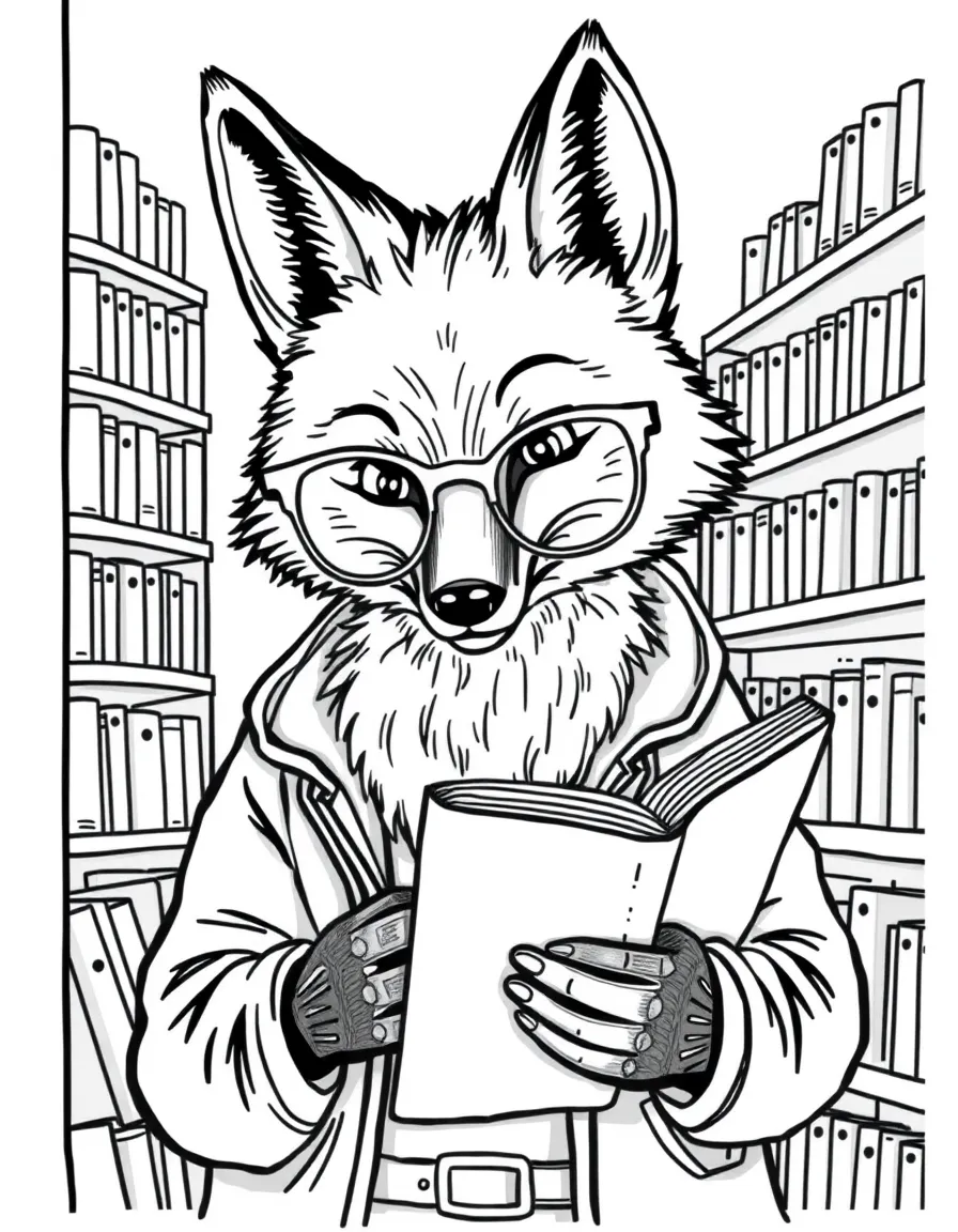 A fox bookstore owner with reading glasses