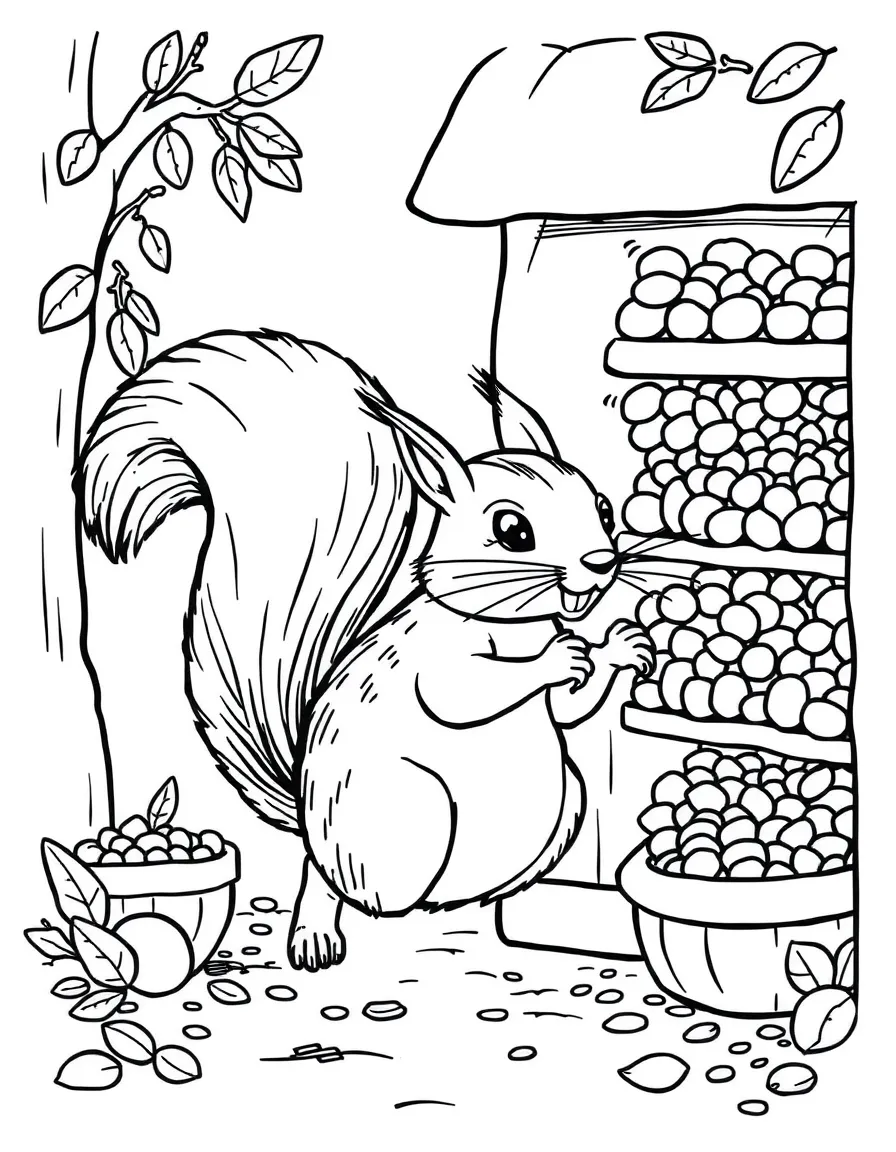 A squirrel running a nut and seed store