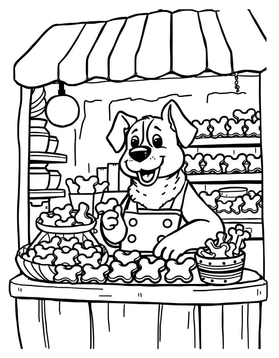 A dog bakery owner selling bone-shaped treats