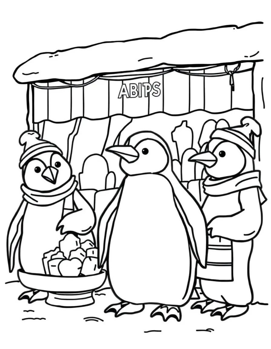 A group of penguin shopkeepers selling ice sculptures