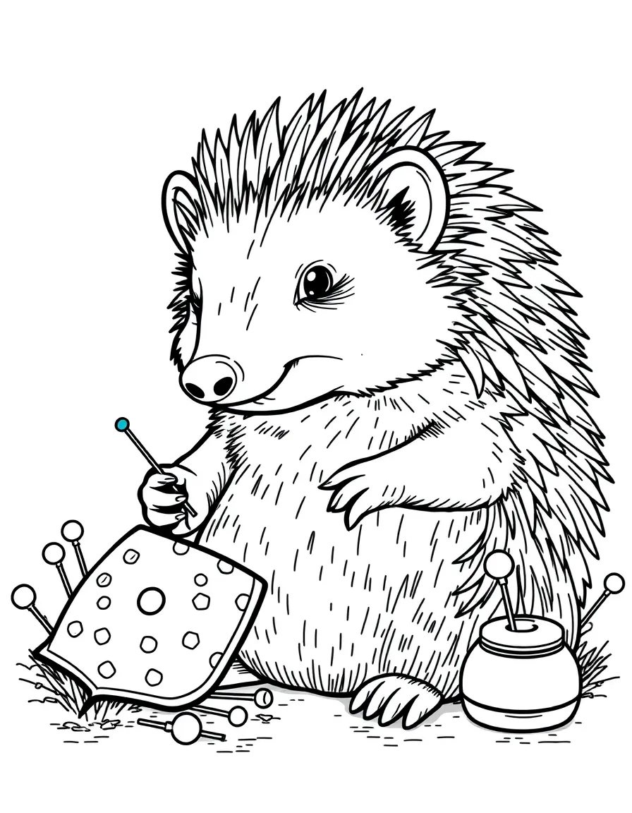 A hedgehog selling pin cushions and sewing supplies