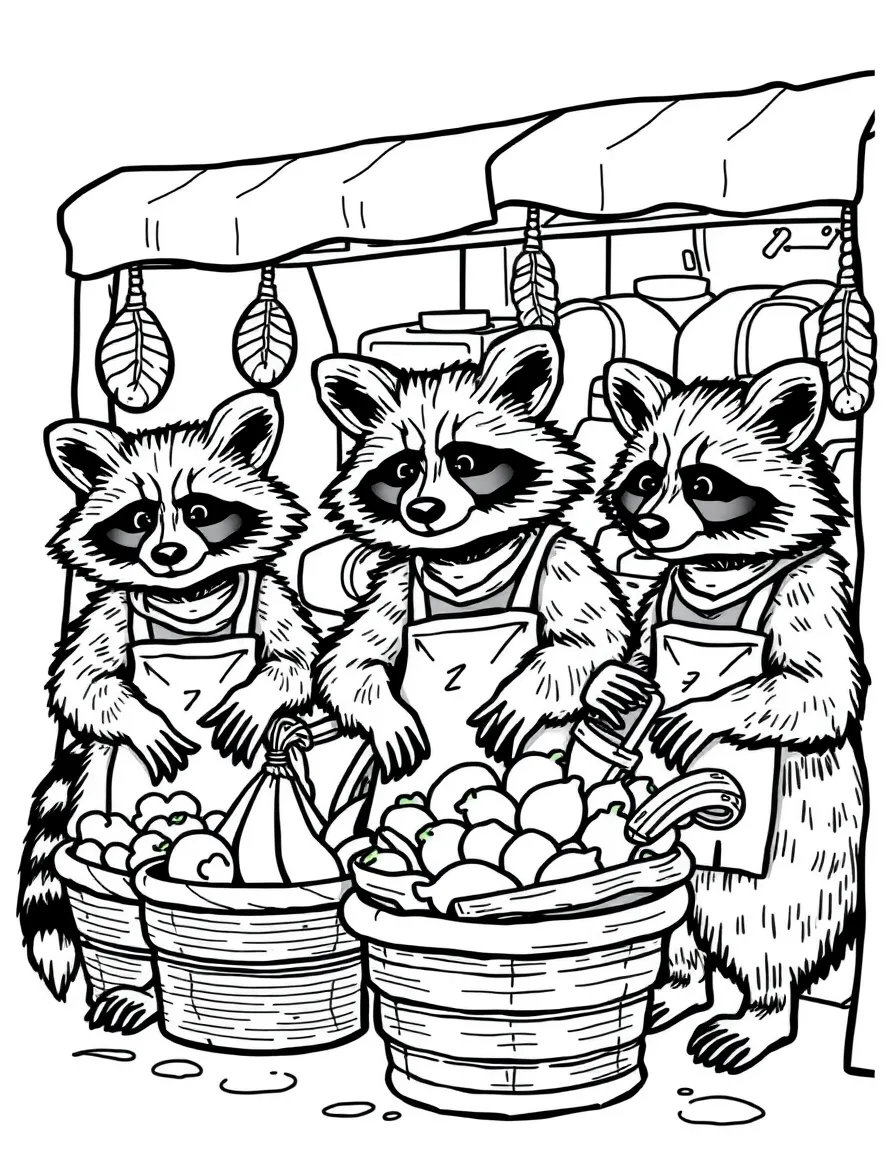 A group of raccoon shopkeepers selling washed produce