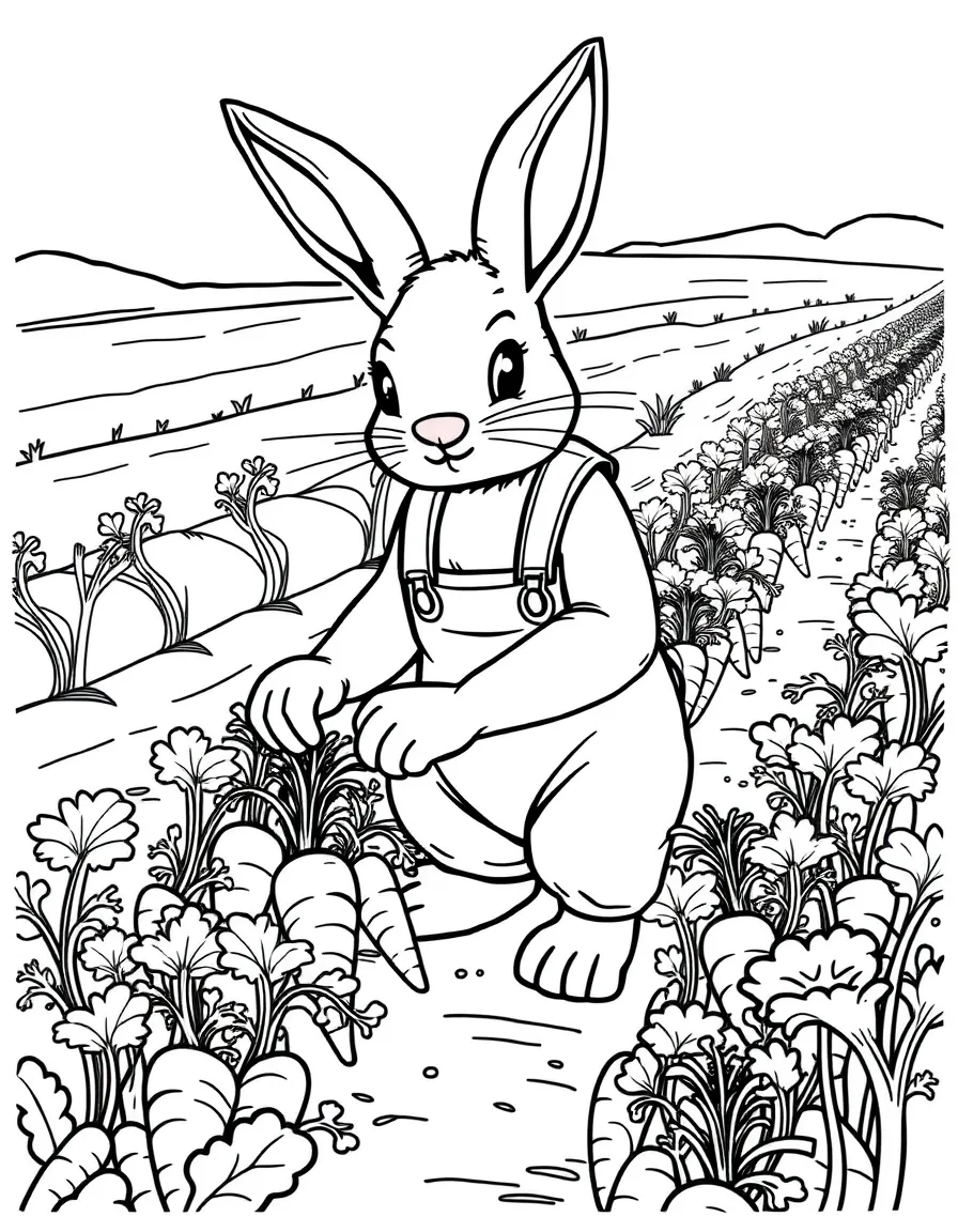 A rabbit farmer tending to rows of carrots