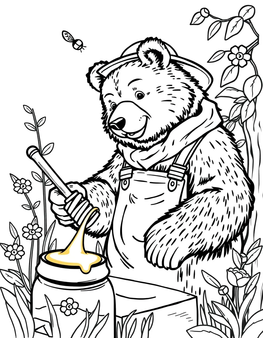 A bear farmer collecting honey from beehives