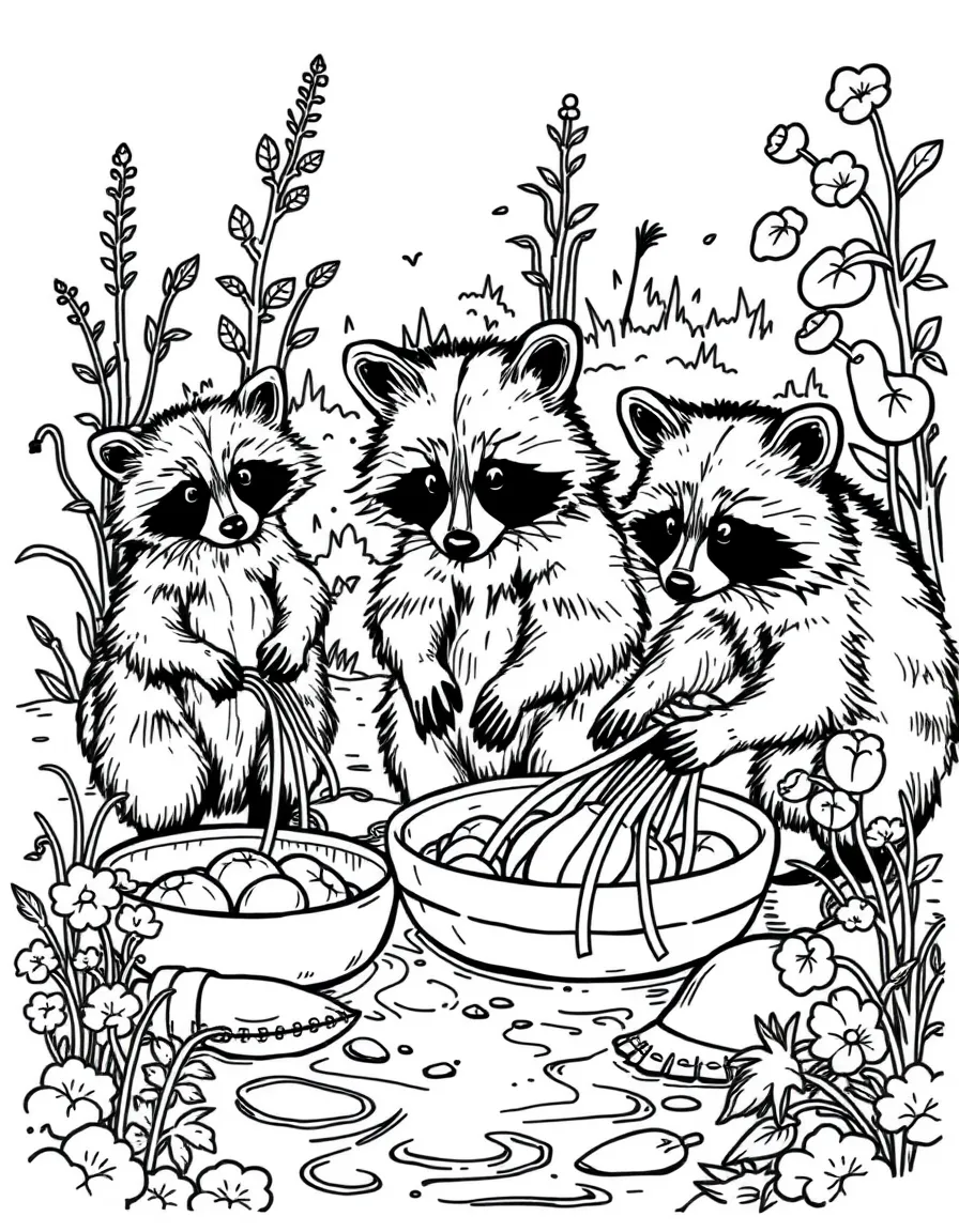 A family of raccoon farmers washing vegetables in a stream