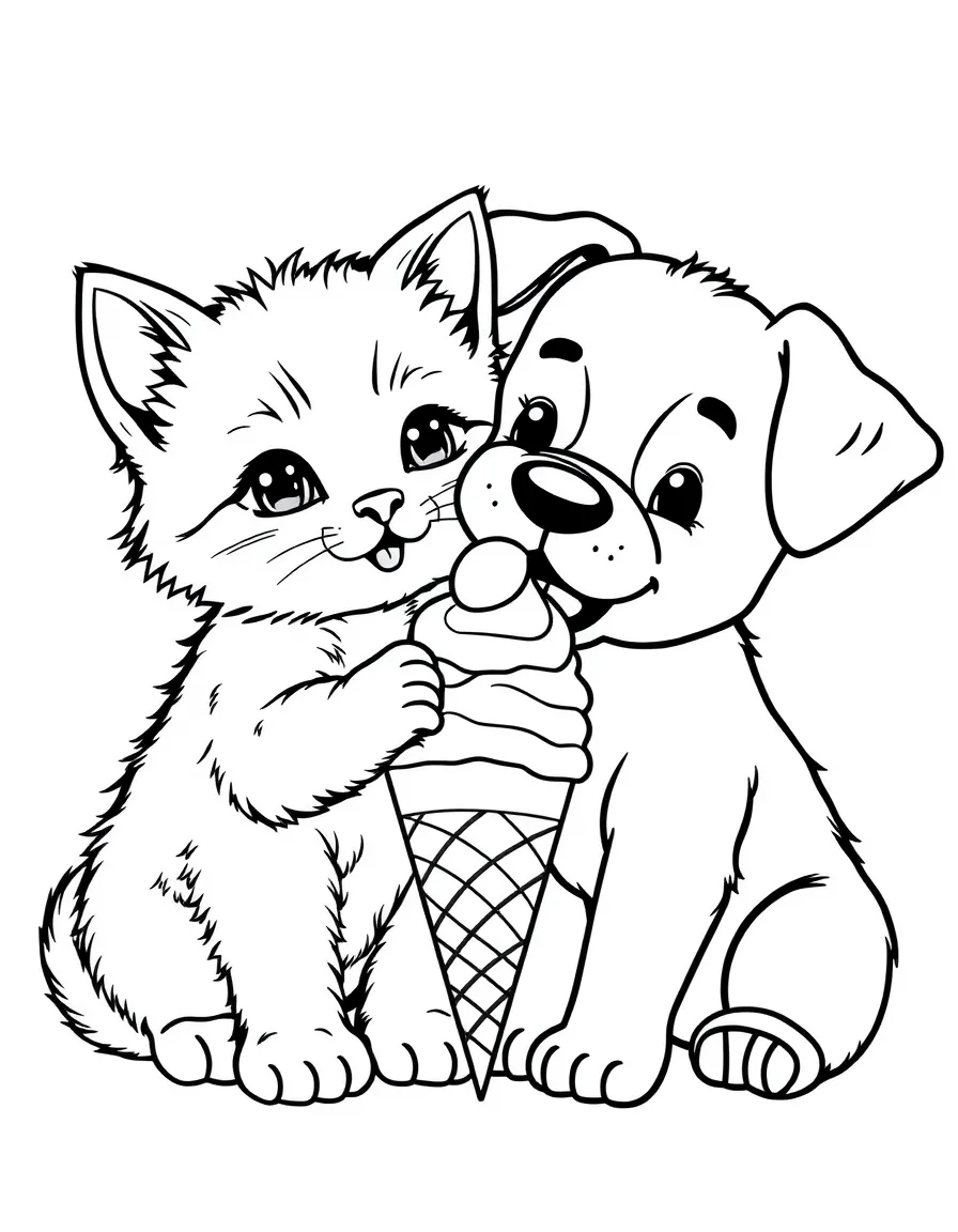A kitten and puppy sharing an ice cream cone