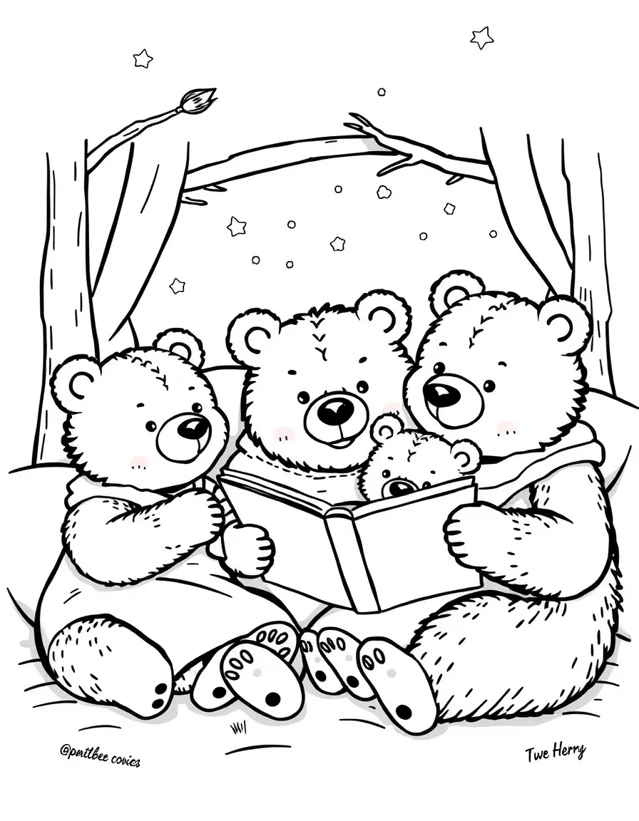 A family of bears reading bedtime stories together