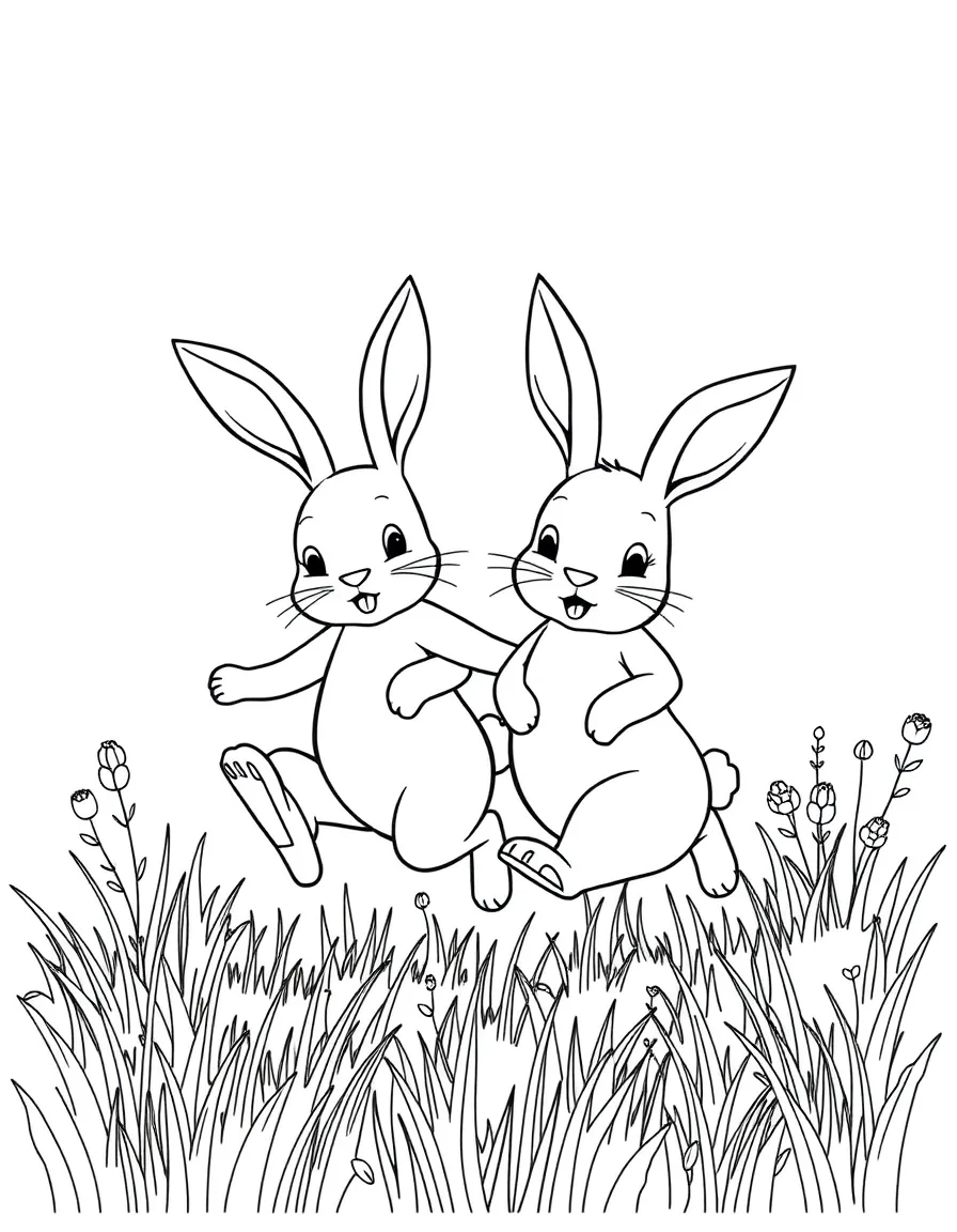 A pair of rabbit friends skipping through a meadow