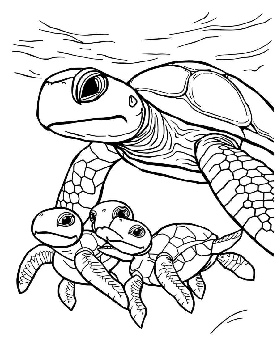 A turtle grandparent teaching baby turtles to swim