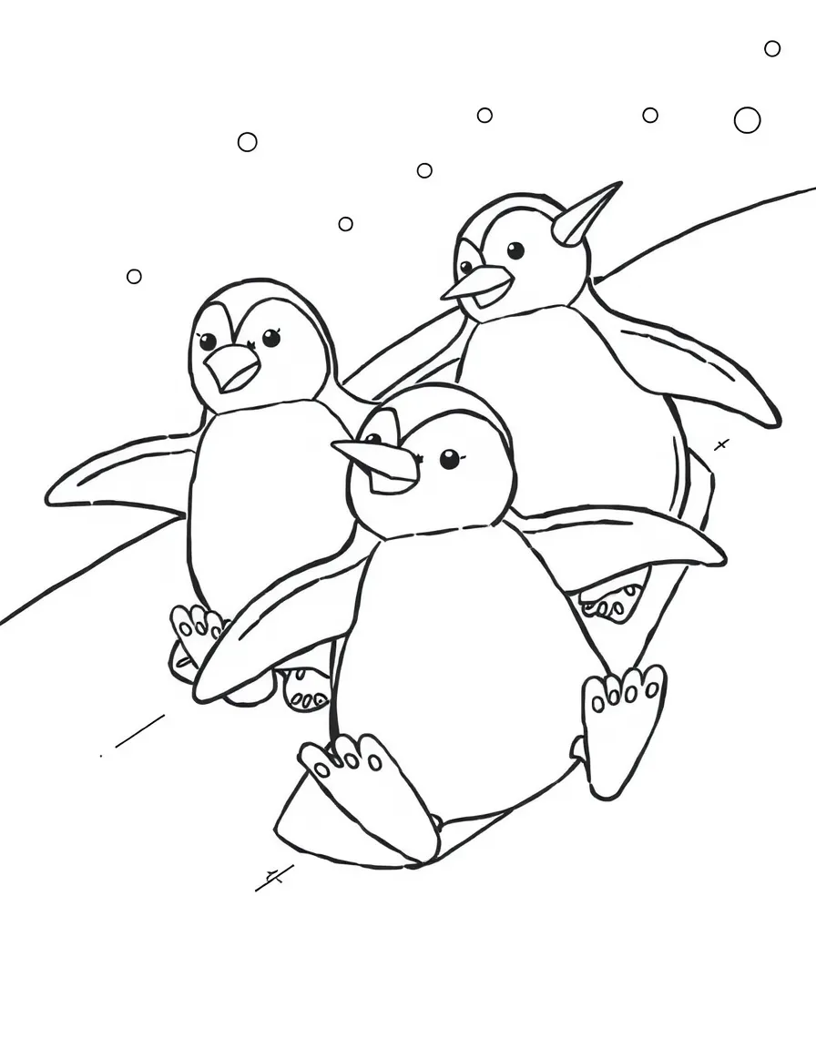 A group of penguin friends sliding down a snowy hill